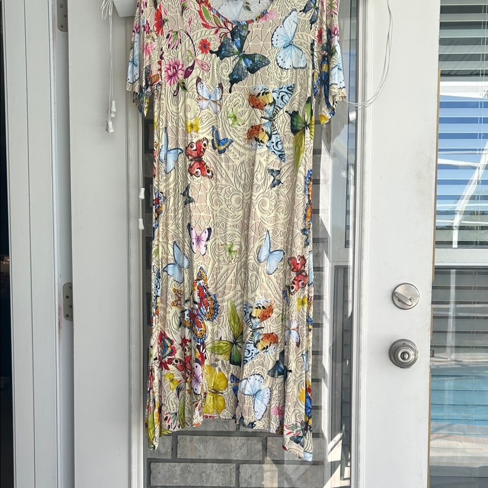 Johnny Was Multicolor Floral Butterfly Asymmetrical Dress